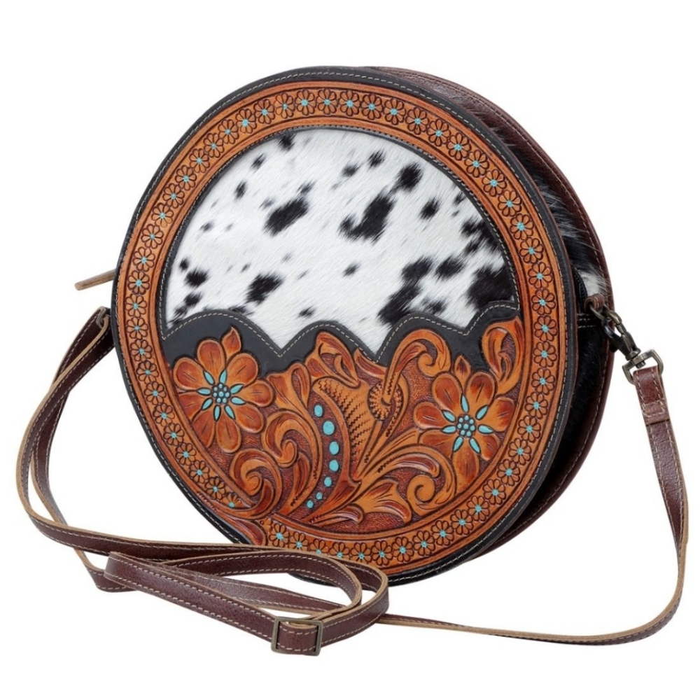 NWT Myra Bag Round Leather Hairon Cowhide Tooled Crossbody Shoulder Bag - Picture 4 of 13